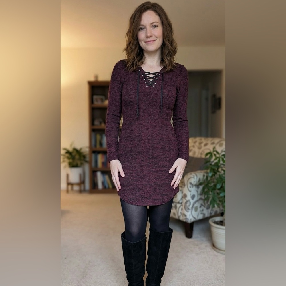 Women's Lace-Up Long Sleeve Knit Dress - Burgundy